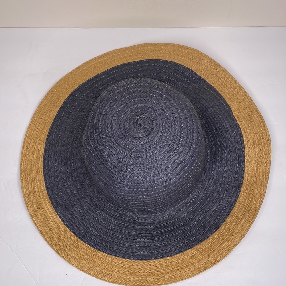 Straw Hat Blue & Tan Wide Brim Coastal Grandma Sun Beach - Picture 3 of 7
